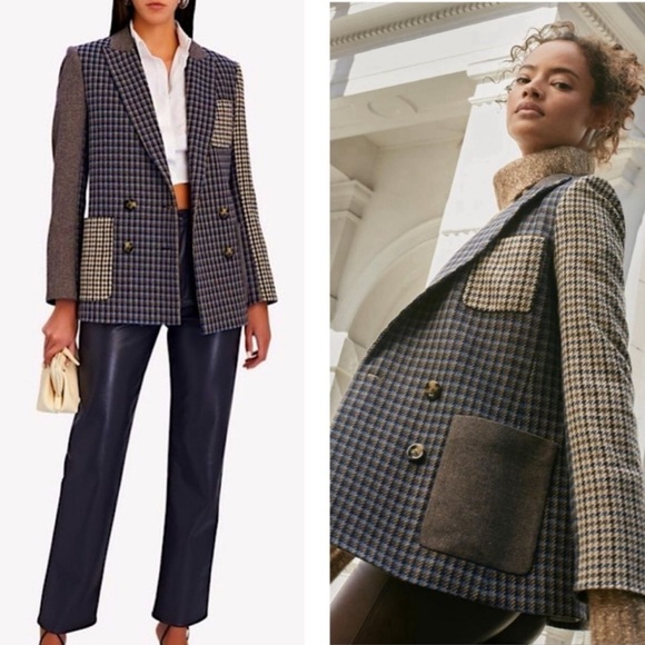VERONICA BEARD | Faustine Dickey Houndstooth Mixed Media Jacket Blue Multi 00 - Picture 2 of 14